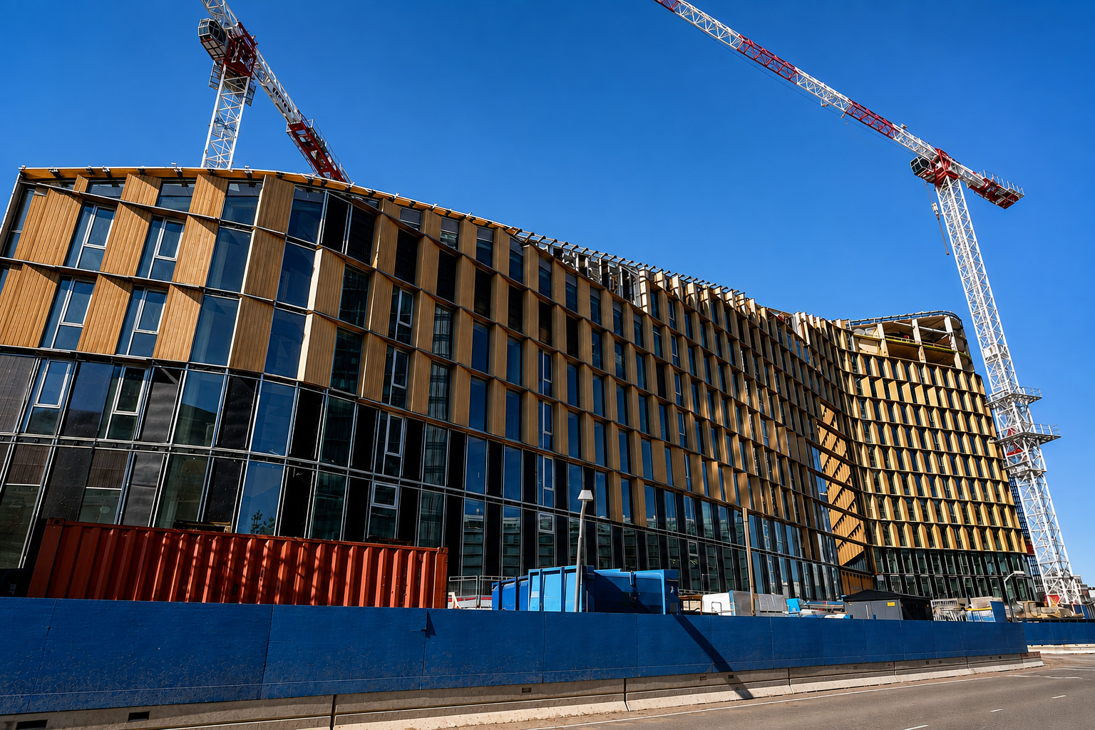 Mehrgeschossiges Holztragwerk mit Stützen, Trägern und Deckenelementen während der Montage
